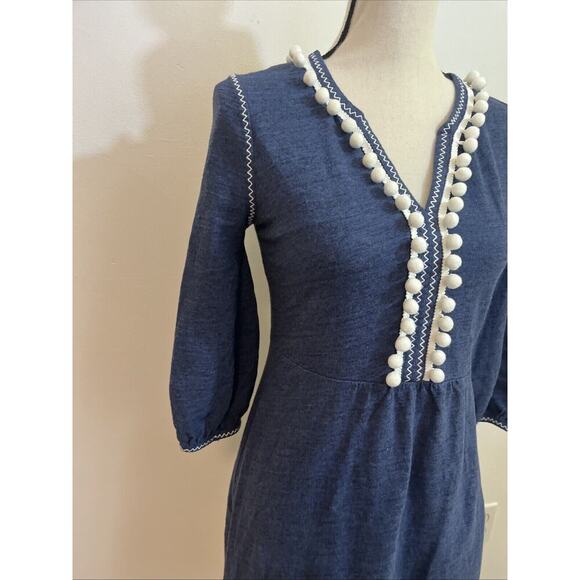 Boden Dress Size 4 Blue Cotton Pockets Pom Pom Accent Long Sleeve - Picture 6 of 11